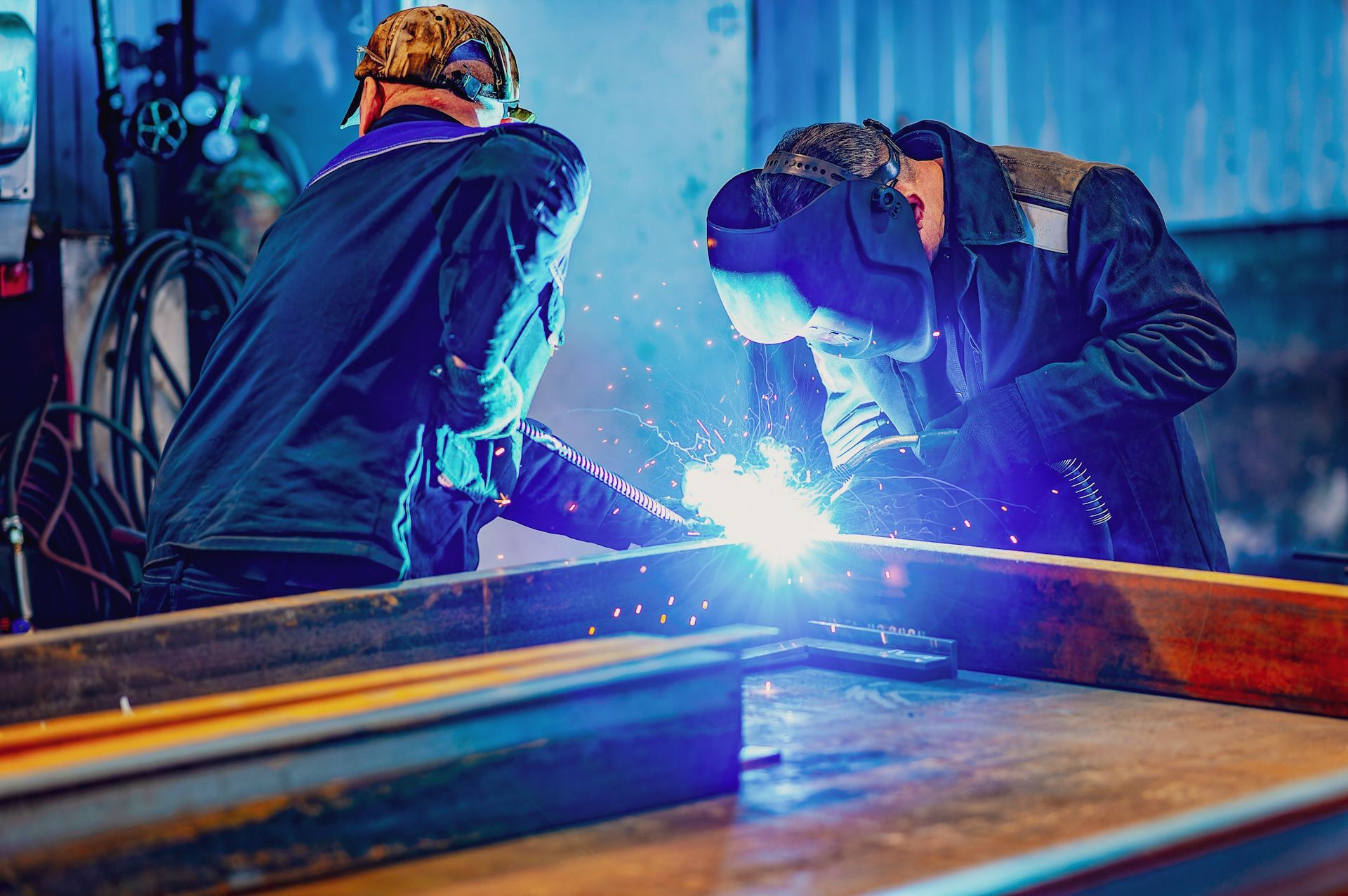 Two men are welding a piece of metal in a factory.