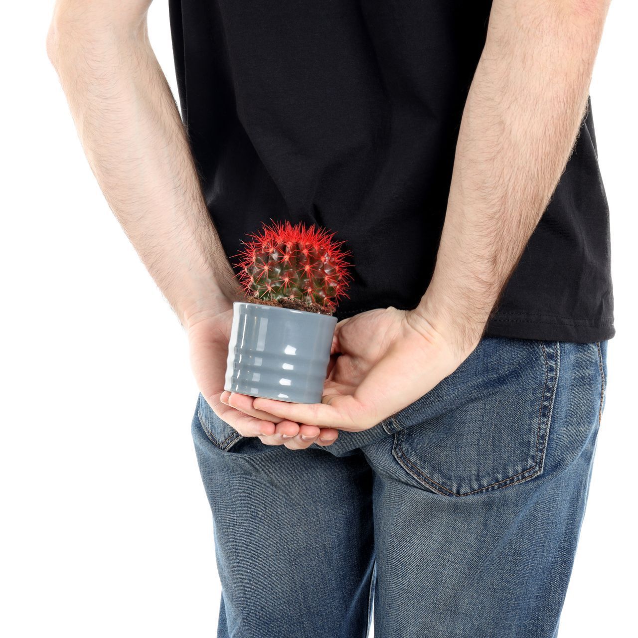 A man is holding a potted plant behind his back