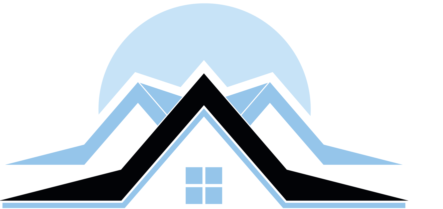 A black and white logo of a house with mountains in the background.