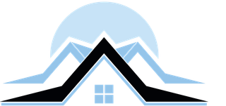 a black and white logo of a house with mountains in the background .