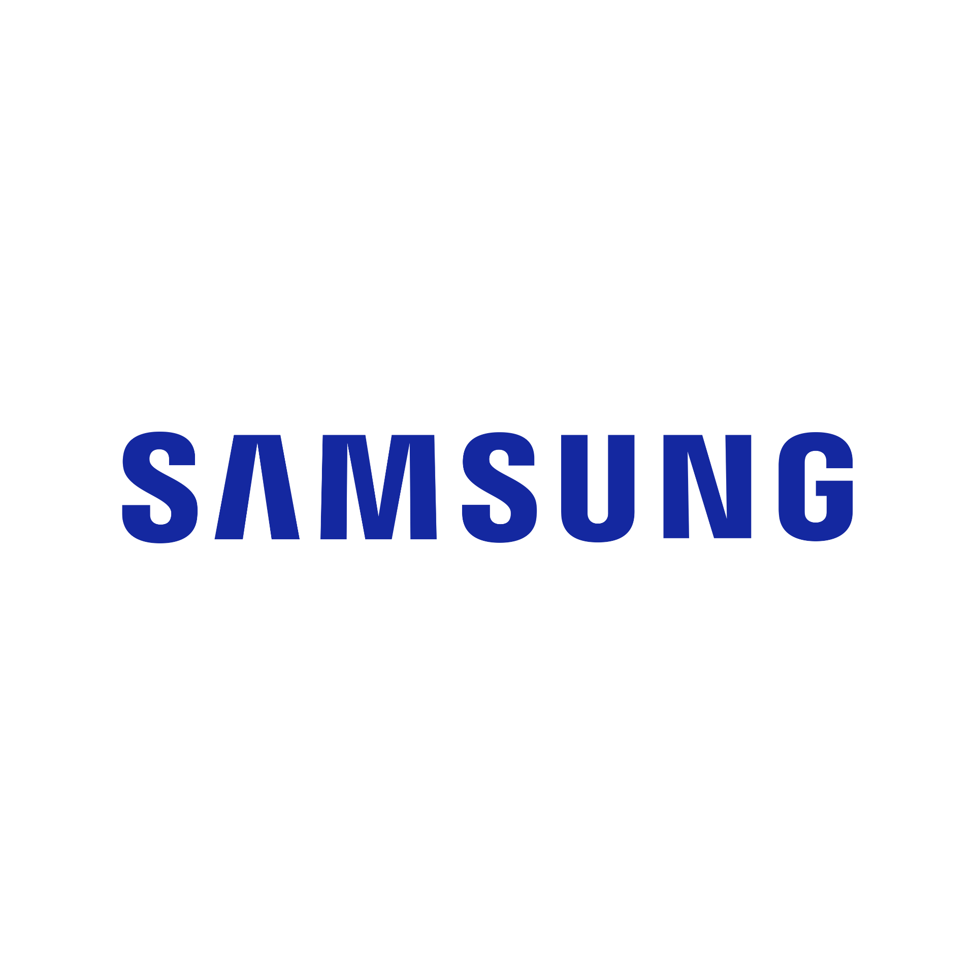 The samsung logo is blue and white on a white background.