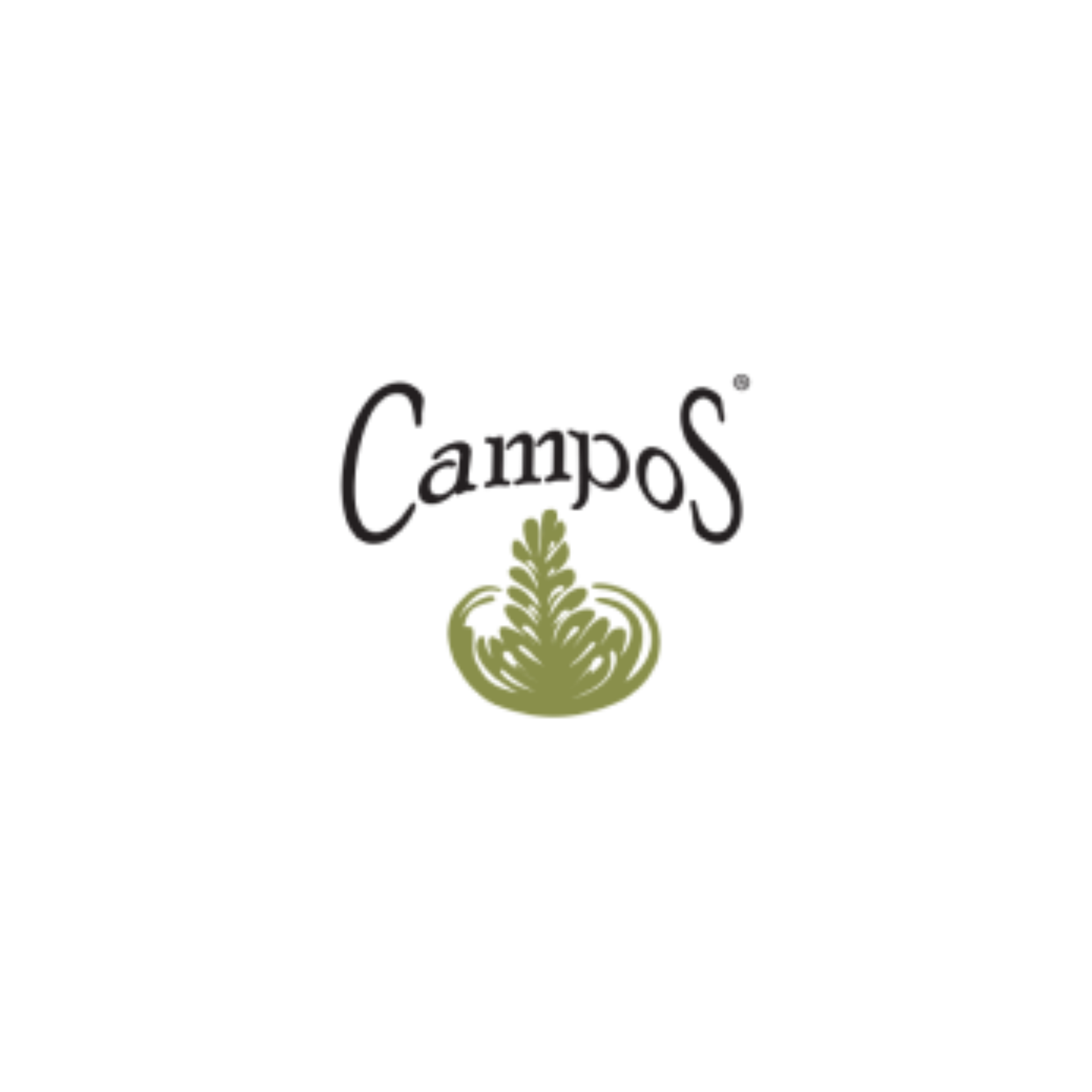 A logo for campos with a green leaf on a white background