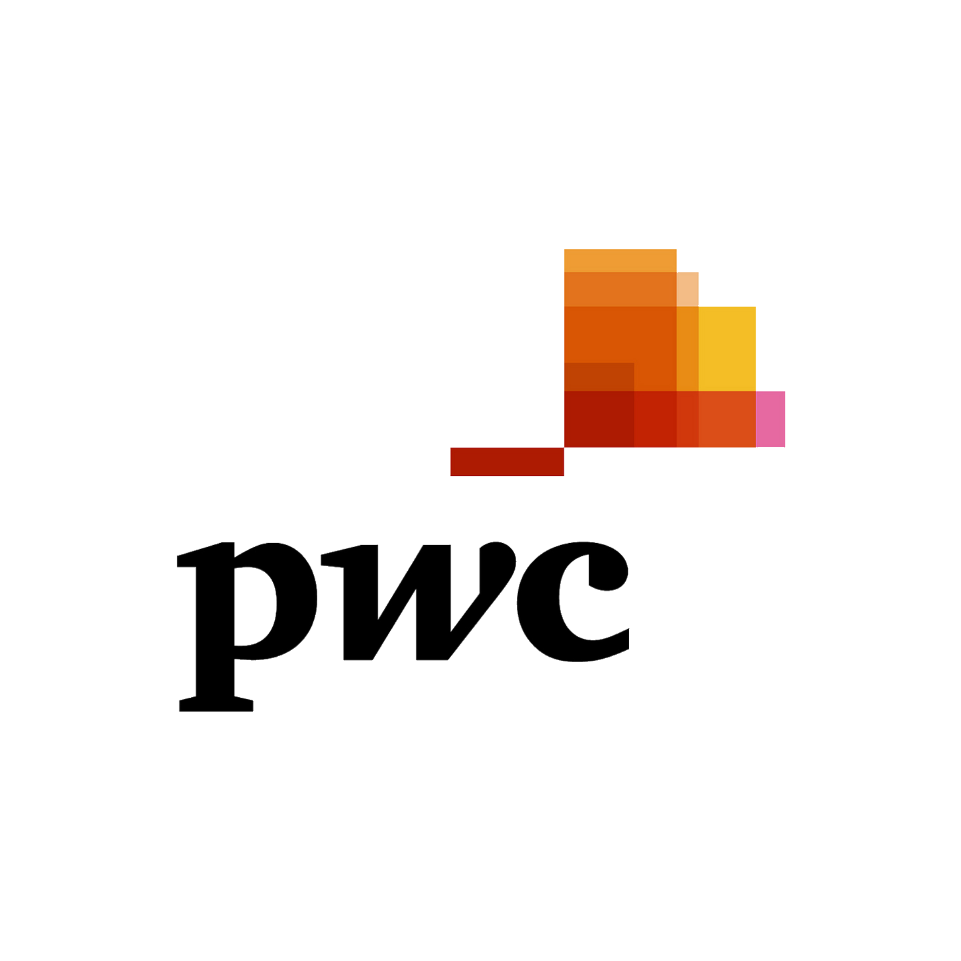 A pwc logo with a red , yellow , and pink block on a white background.