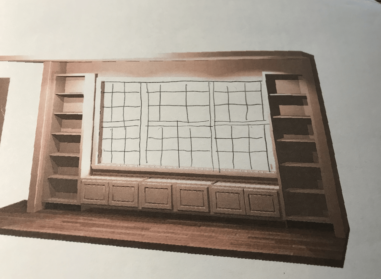 A drawing of a room with shelves and a window
