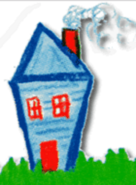 A drawing of a blue house with red windows and smoke coming out of the chimney