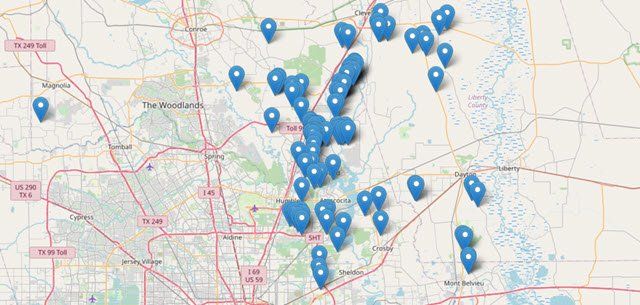 A map of a city with a lot of blue pins on it.