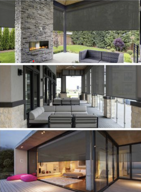 A collage of three pictures of exterior shades using Mermet brand window shades.