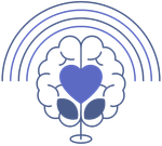 A brain with a heart inside of it and a rainbow behind it.