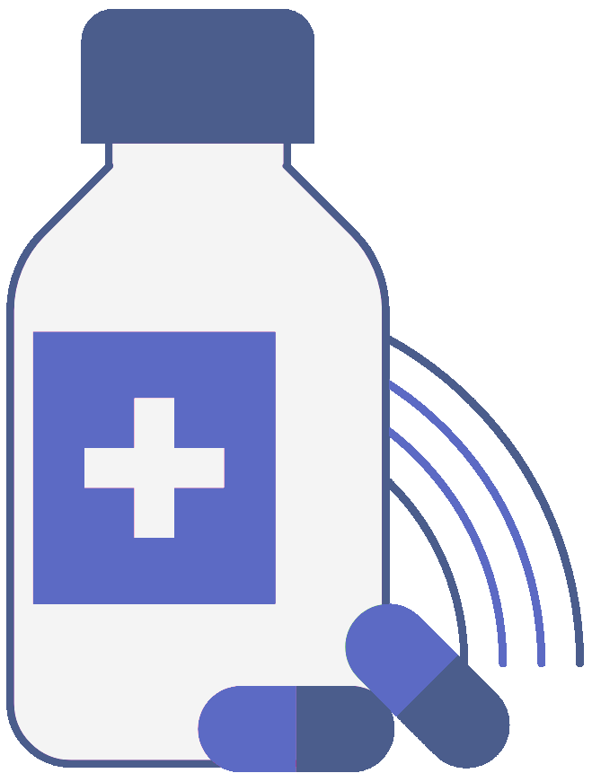 A bottle of pills and a capsule with a cross on it.