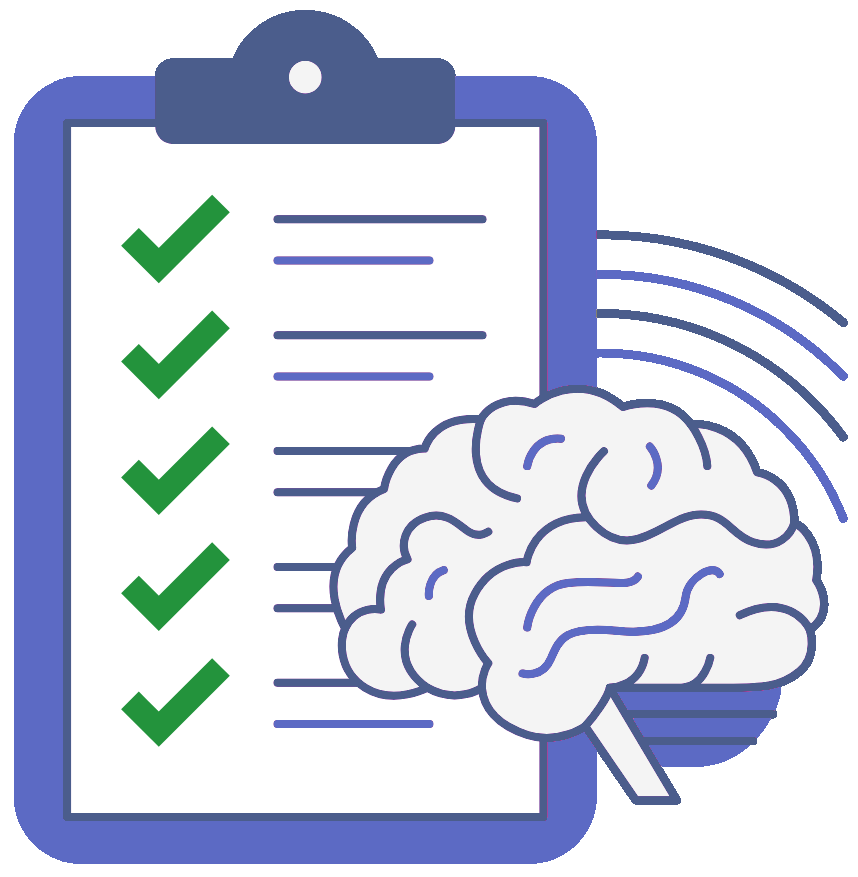 A clipboard with a checklist and a brain on it.