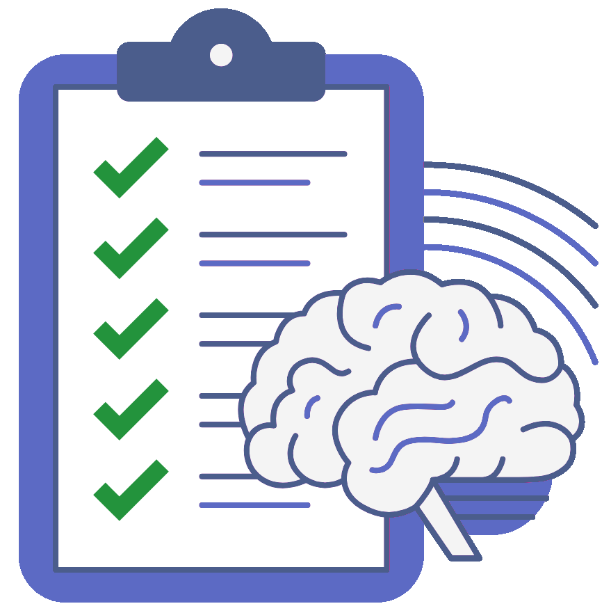 A clipboard with a brain and a checklist on it.