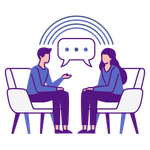 A man and a woman are sitting in chairs talking to each other.