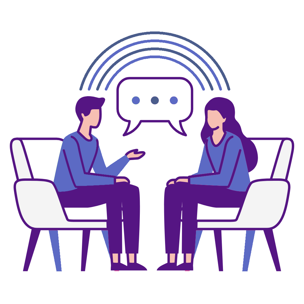 A man and a woman are sitting in chairs talking to each other.