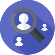 A magnifying glass is looking at a person in a blue circle.