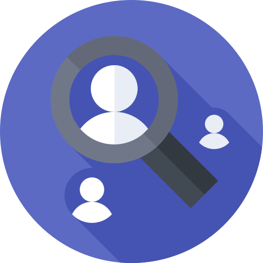 A magnifying glass is looking at a person in a blue circle.