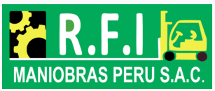 Logotipo de RFI Maniobras Perú SAC, con engranajes y un montacargas sobre fondo verde.