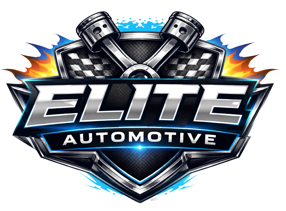 Elite Automotive logo with crossed pistons, metallic shield, and blue-orange accents