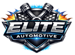 Elite Automotive logo with crossed pistons, metallic shield, and blue-orange accents