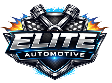 Elite Automotive logo with crossed pistons, metallic shield, and blue-orange accents