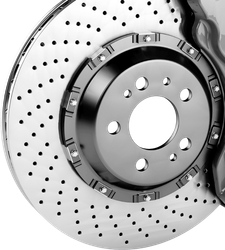 Close-up of a silver car brake disc and rotor with drilled holes and mounting holes
