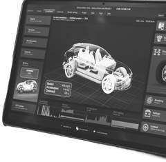 Car on a computer screen in a vehicle analysis app with a 3D transparent chassis view and data panels