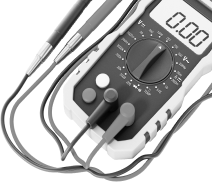 Digital multimeter with probes and test leads on a white background