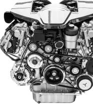 Close-up of a motorcycle engine and chassis with exposed mechanical components in black and chrome.