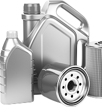 Assorted silver vehicle engine oil containers and a filter on a white background