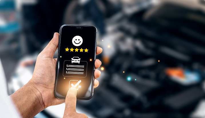 Hand holding smartphone with five-star rating and chat icons in blurred auto shop background