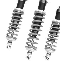 Three gray motorcycle shock absorbers with black springs on a white background