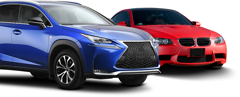 Blue SUV and red sedan on a white background, front three-quarter view.
