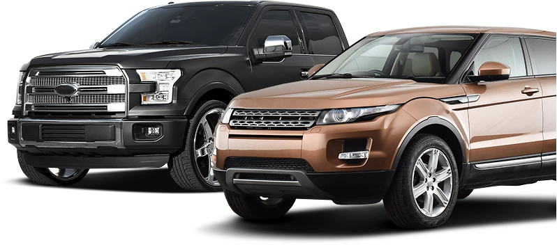 Black and bronze Ford SUVs parked side by side on a white background