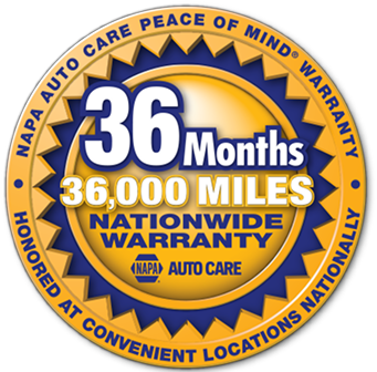 NAPA Auto Care national warranty badge: 36 months, 36,000 miles, yellow and blue seal