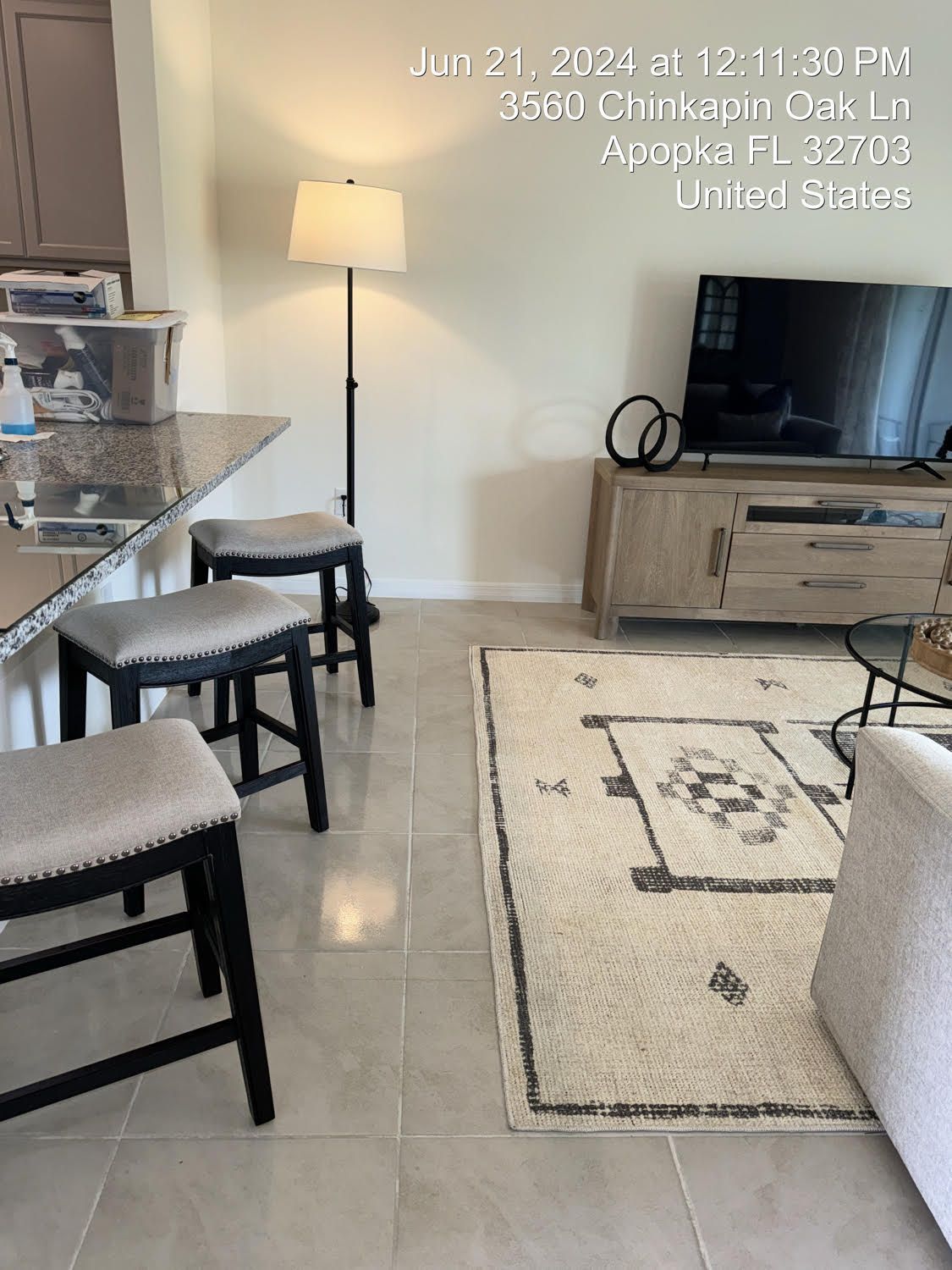 Living room with counter stools, floor lamp, rug, and television on a wooden cabinet.