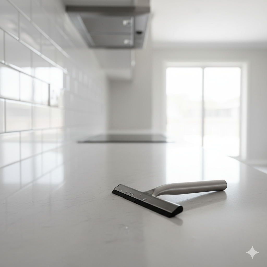 Squeegee on a white countertop in a bright kitchen with a tiled backsplash and window.