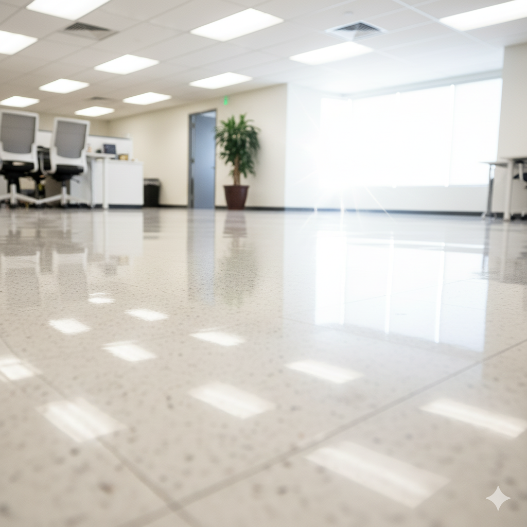 Shiny, reflective office floor. Empty room with fluorescent lighting and potted plant near door.
