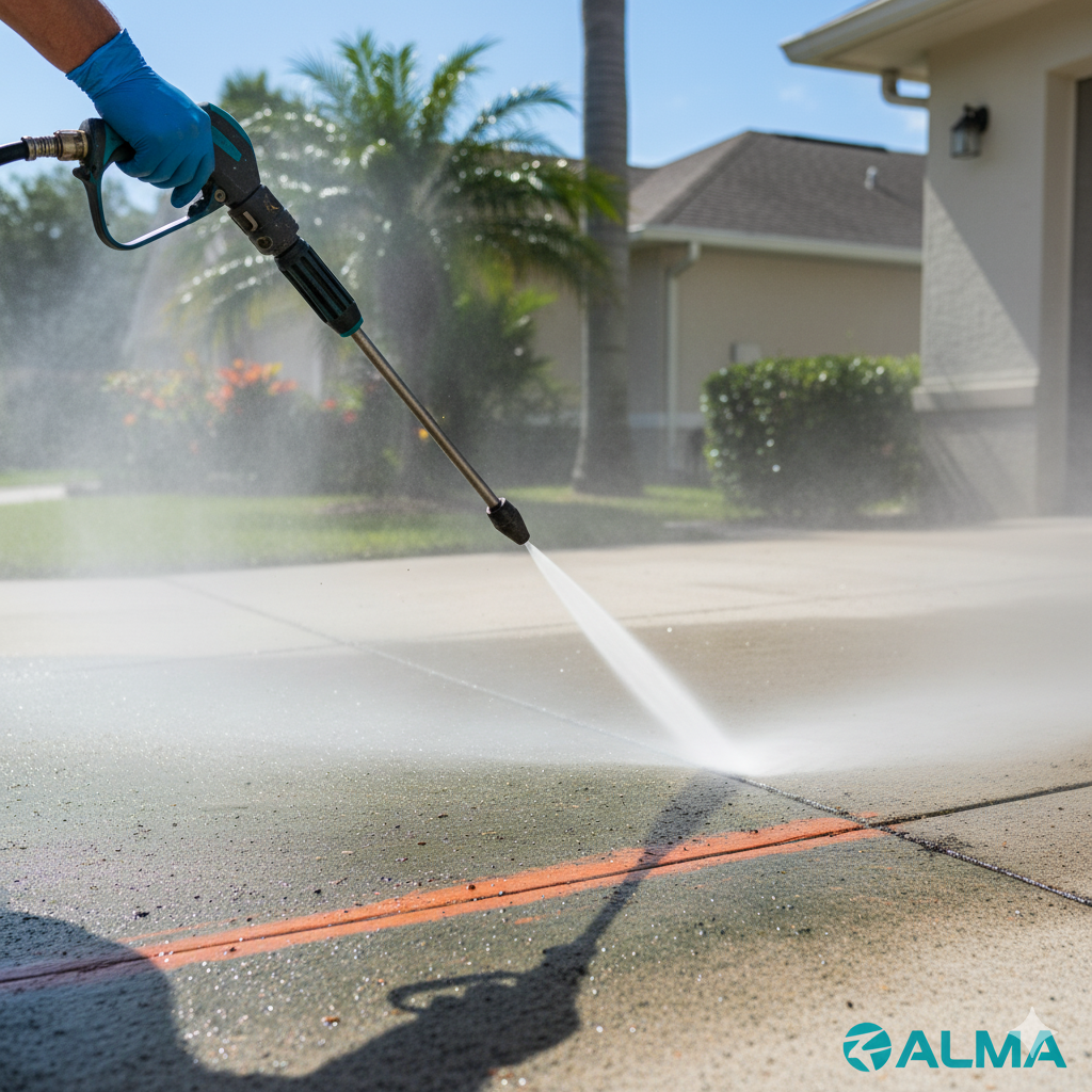 Person power washing a concrete driveway with a pressure washer; water spray visible.