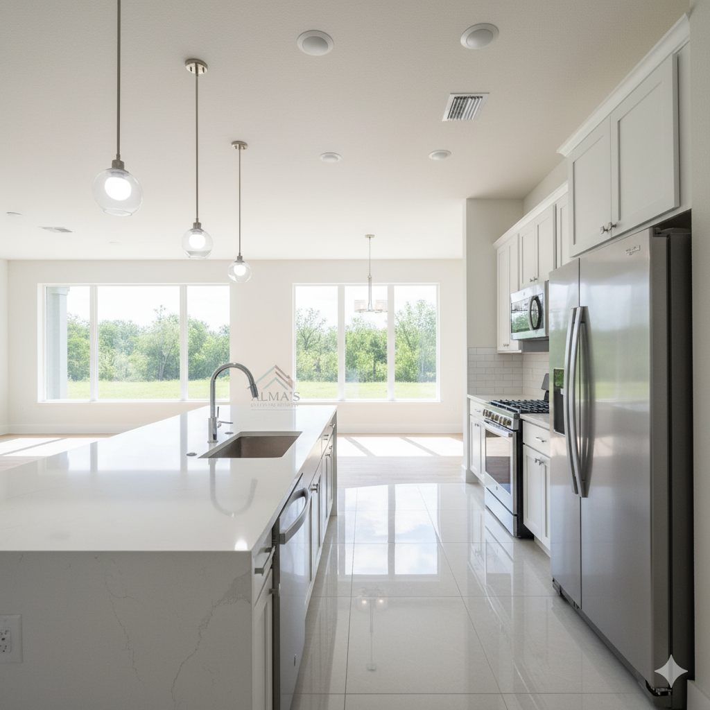 Modern kitchen with a white island, stainless steel appliances, and large windows.