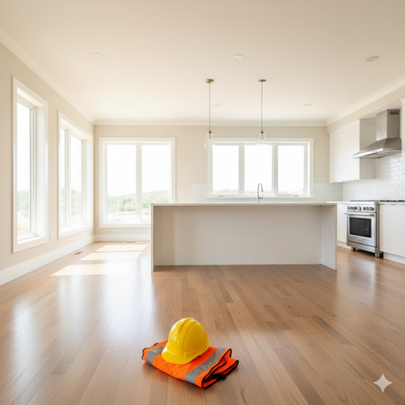 Yellow hard hat and orange vest on hardwood floor in empty, bright kitchen.