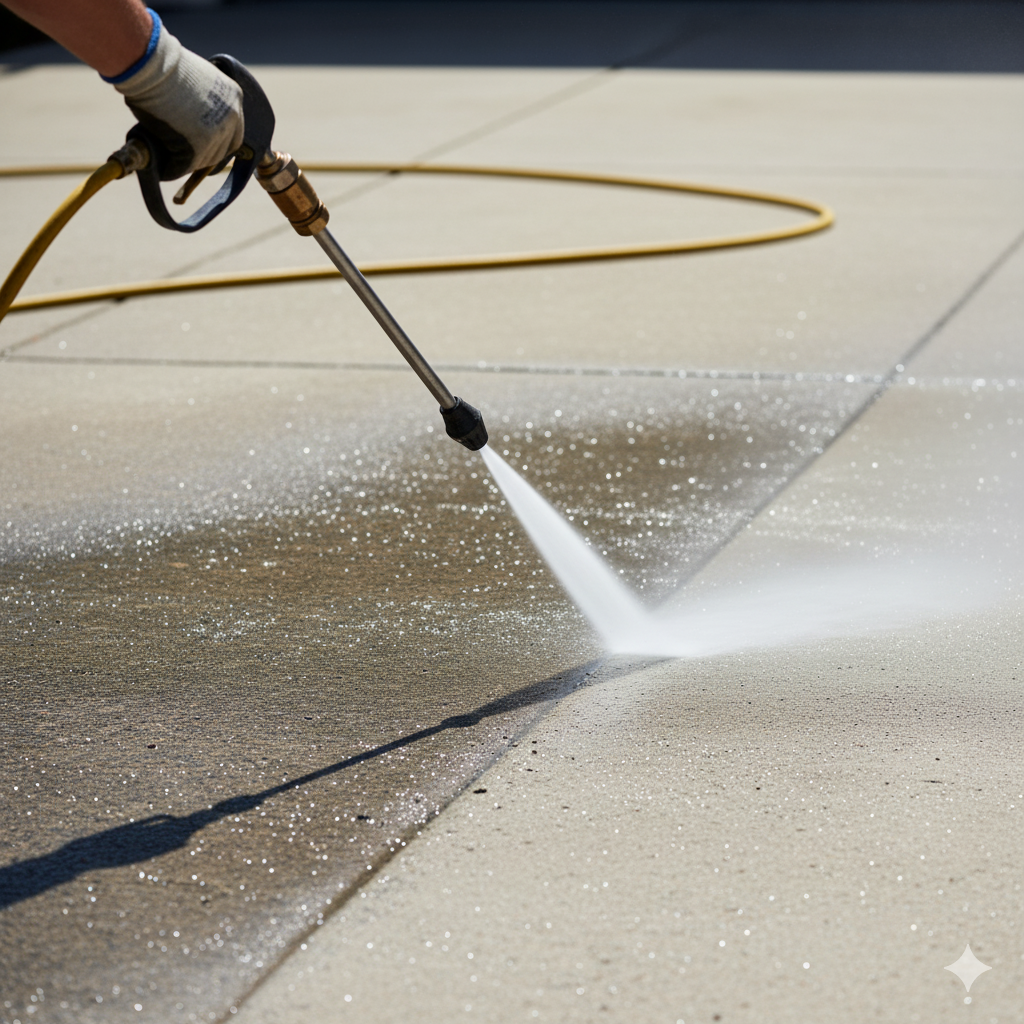 Person power washing a concrete surface with a high-pressure water spray; sunny outdoor setting.