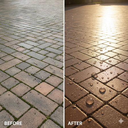 Before and after of a brick paver driveway. Left is dull and dirty, right is clean, shiny with water beads.