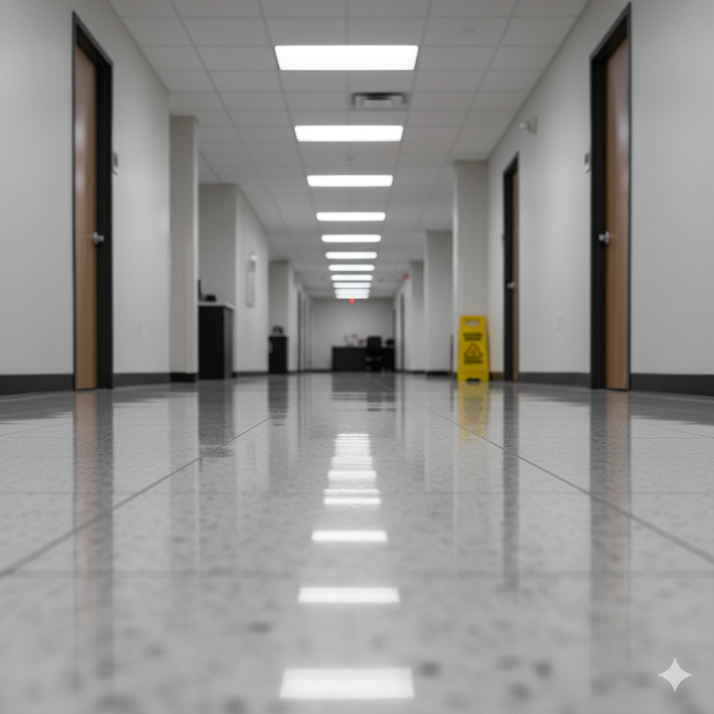 Long hallway with glossy floor reflecting overhead lights and doors. A