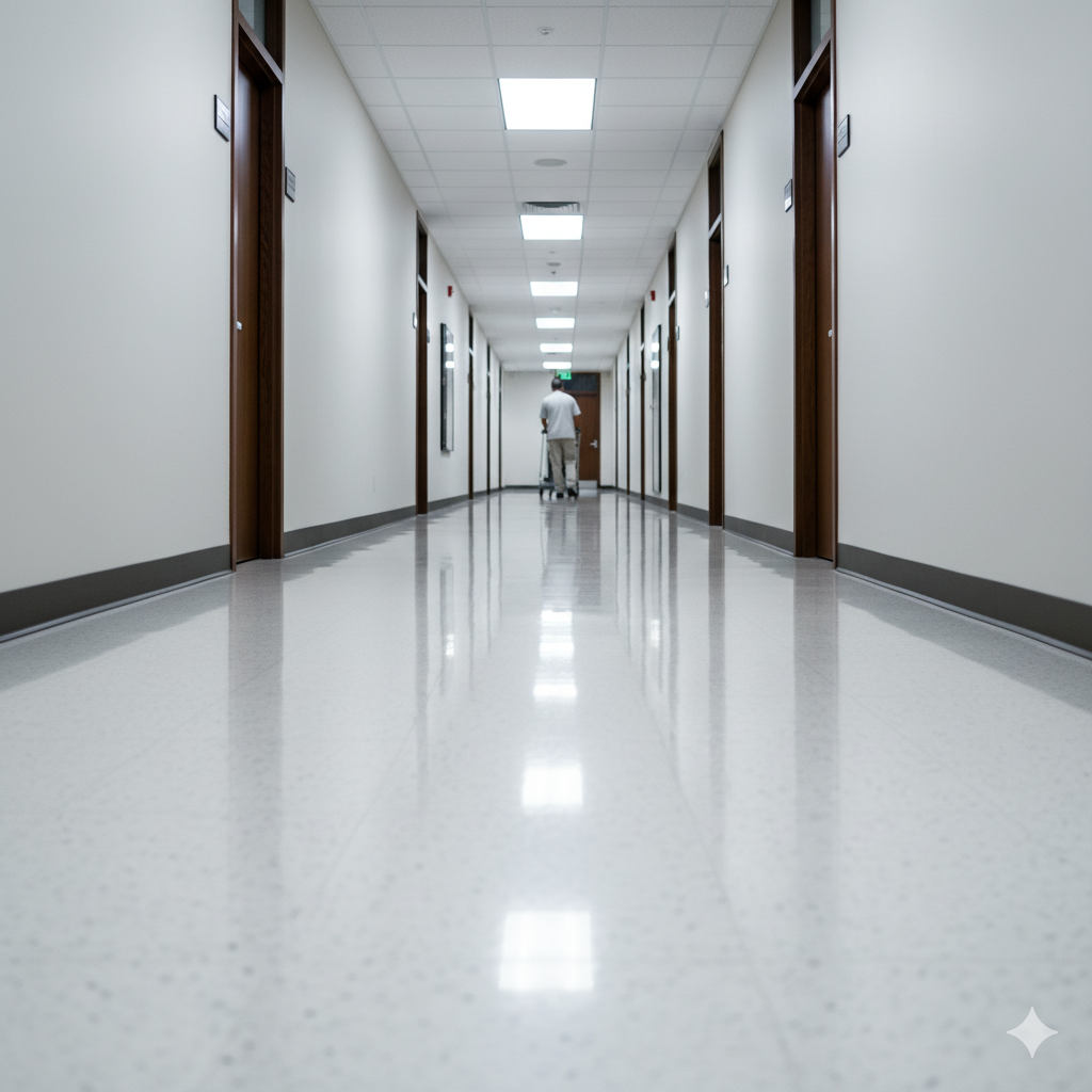 Long, shiny hallway with a person walking away, surrounded by doors.