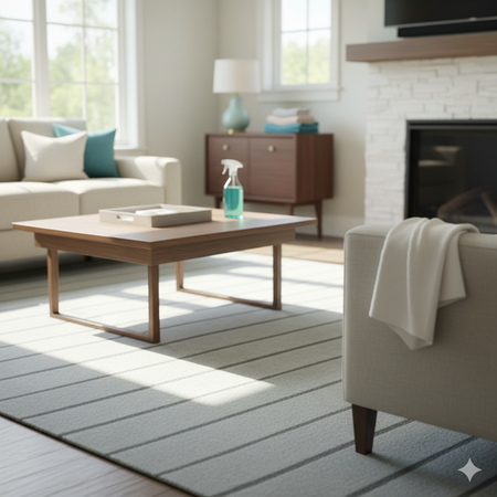 Living room with beige couch, wooden coffee table, blue rug, and a spray bottle.