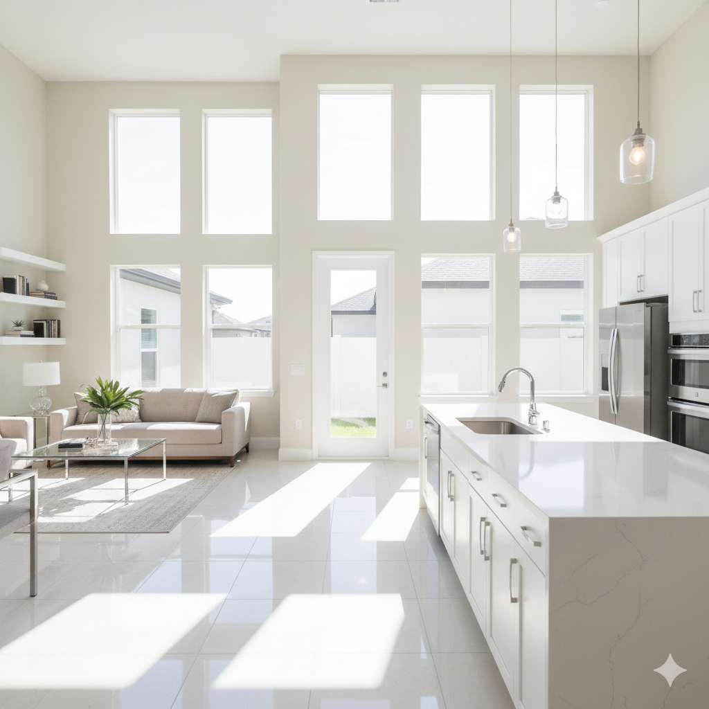 Bright, modern open-concept living space with a kitchen island, sofa, large windows, and white cabinets.