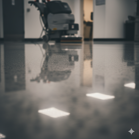 Floor cleaning machine reflecting on a glossy, dark floor.