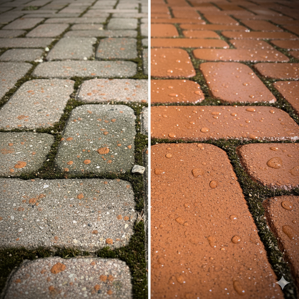 Grey brick path vs. reddish-brown brick path. Both have moss in between the bricks; the right has water droplets.