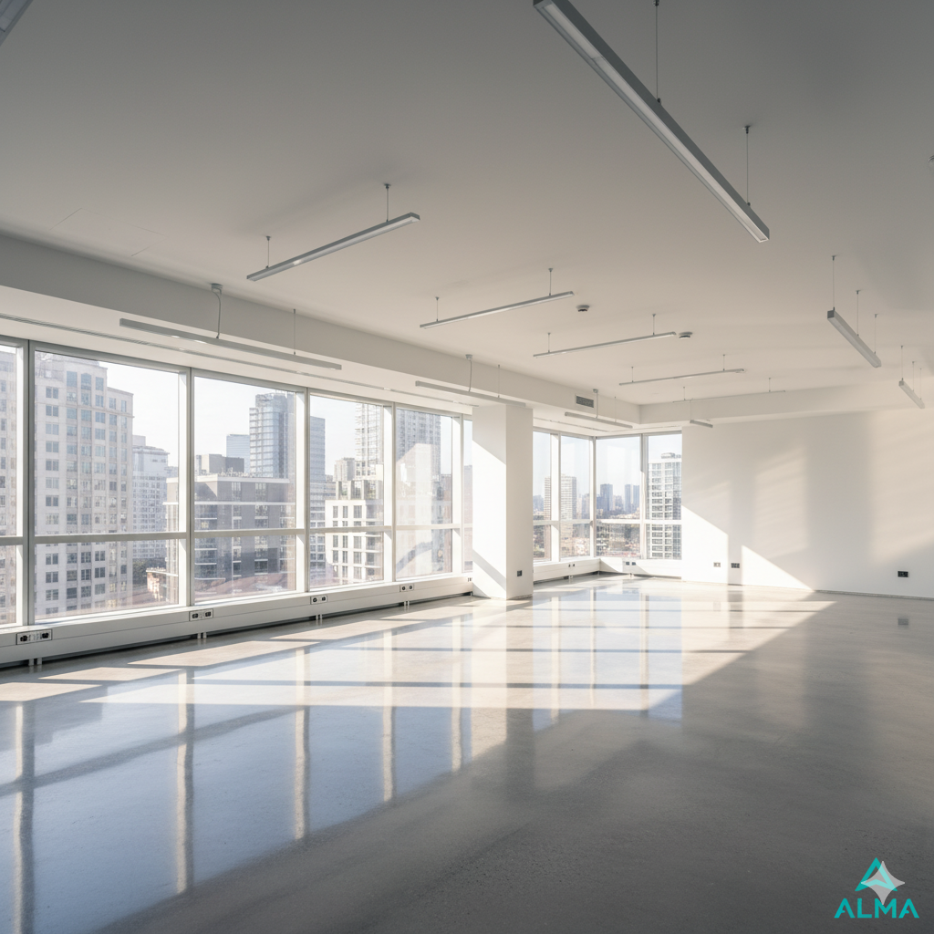 Empty, sunlit office space with floor-to-ceiling windows overlooking a city skyline. Reflective gray floors and white walls.