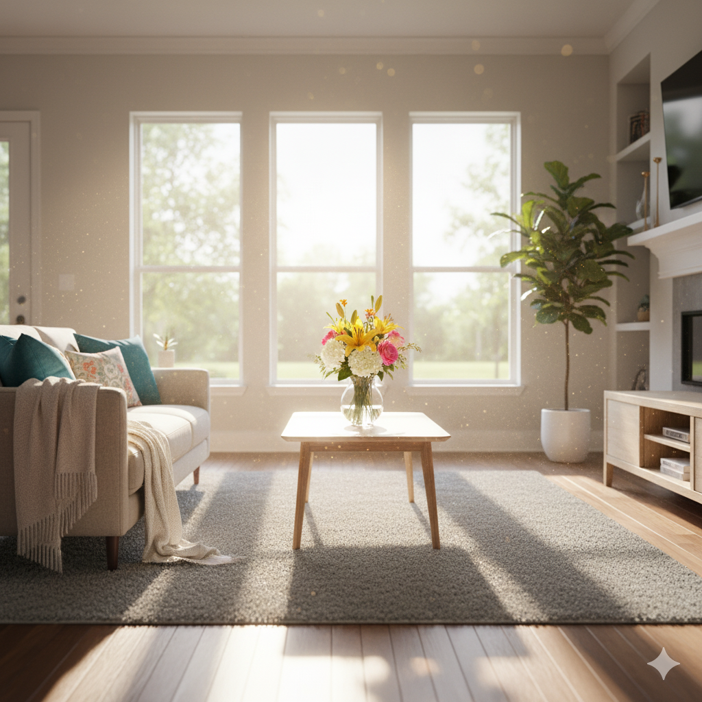 Living room with natural light. Sofa, rug, coffee table with flowers, and a large plant.