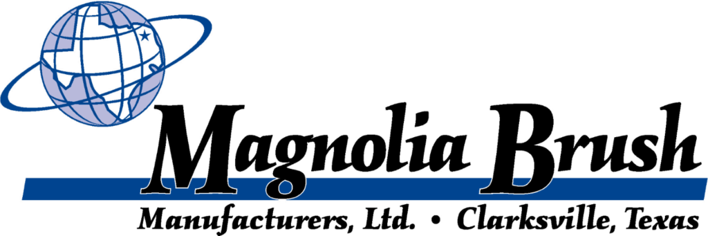 Logo for Magnolia Brush, featuring a globe, company name, and location: Clarksville, Texas.